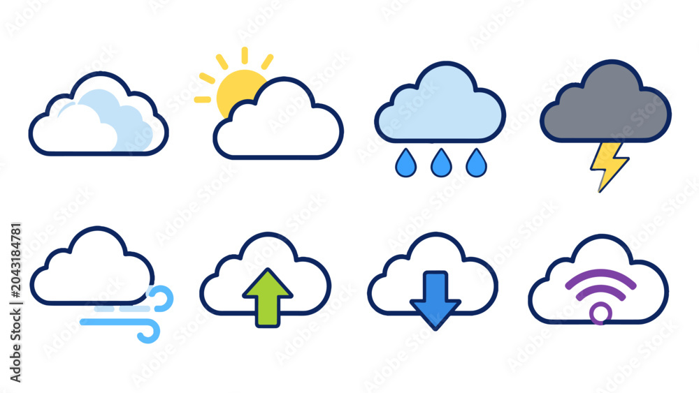 Obraz premium Cloud weather and network icon set with rain, wind, upload