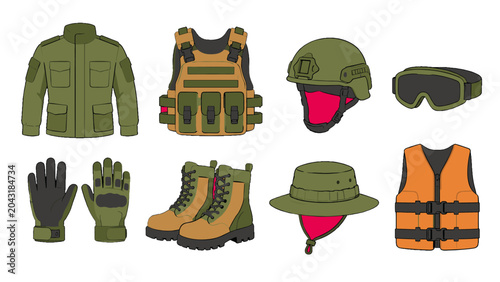 Schilderij op canvas Vector set of protective clothing and outdoor equipment