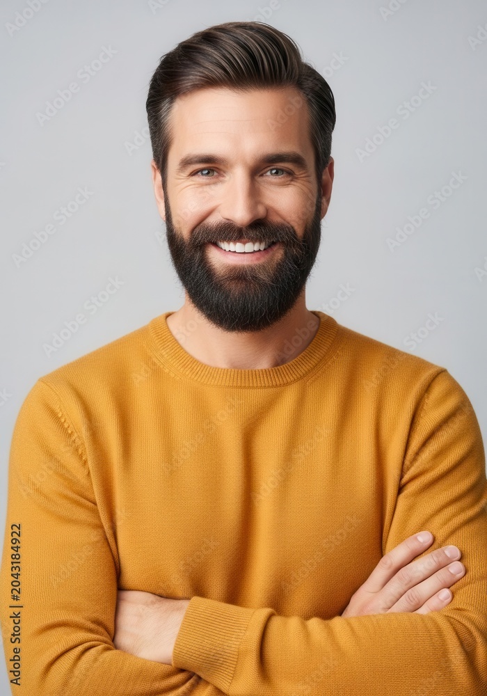 Fototapeta premium Confident Smiling Man with Beard Wearing Yellow Sweater Standing with Arms Crossed on Gray Background