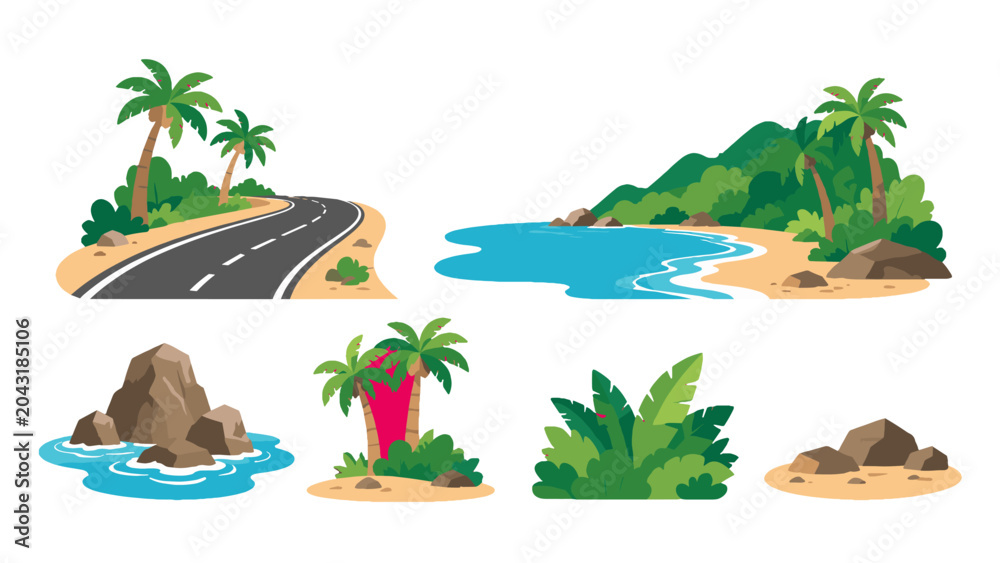 Fototapeta premium Tropical island landscape elements and beach scene vector set