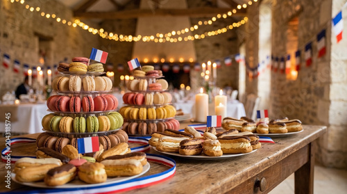 Colorful Macaron Towers and Gourmet Éclairs on a Dessert Buffet with French Tricolor Decorations for Special Occasion Catering, European Patisserie Blogs, and Celebration Event Planning