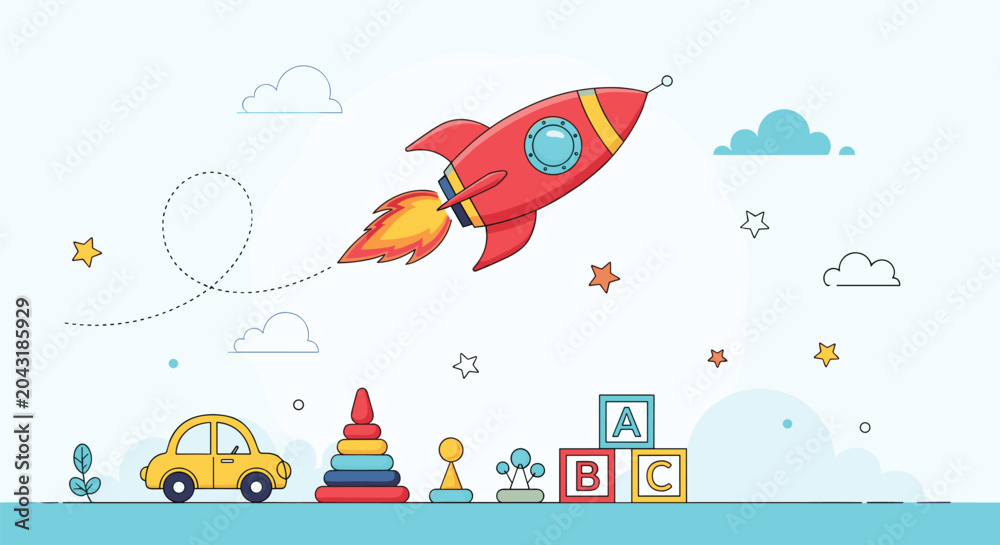 Obraz premium Colorful child's playroom with various toys on the floor and a large red rocket ship flying through the sky with stars and clouds.