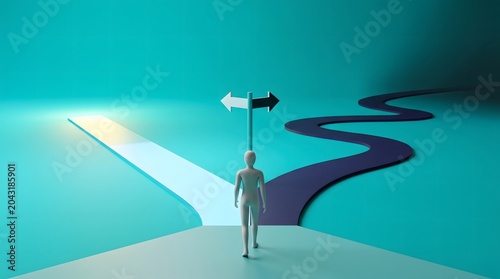 Minimal 3D figure standing at a crossroads under a signpost, choosing between a straight glowing light path and a winding dark road, concept of decision making and destiny.
