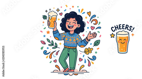 Canvas Print Happy Woman Holding Beer Glass, Celebrating with Confetti and Cheers!