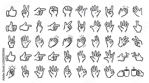 Hand Gestures Icon Set: Doodle Style, Diverse Actions, Communication Symbols