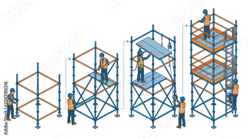Foto Scaffolding Construction Process Isometric Vector Illustration
