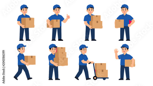 Tableau sur toile Cartoon delivery worker set carrying boxes in different poses