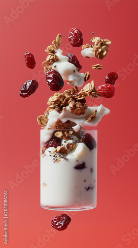 Levitating yogurt parfait featuring meticulously suspended granola and dried cranberry