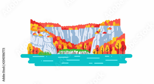 Autumn waterfall cascade with colorful foliage and a blue body of water