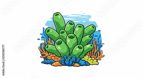 Bright cartoon coral reef with green tube sponges, orange sea fans, blue branches