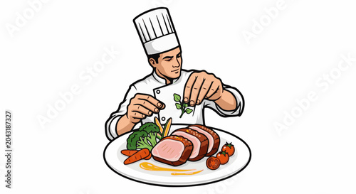 Chef garnishing a beautifully prepared meat dish with fresh herbs