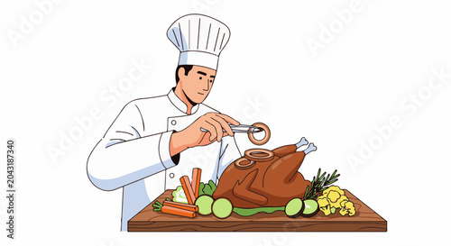 Chef adding onion rings to a roasted turkey with vegetables