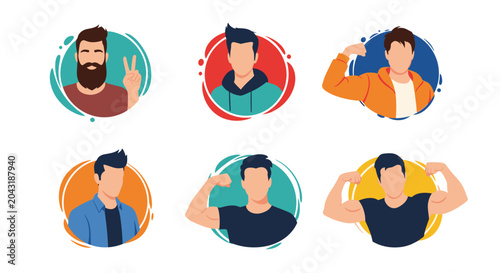 Set of six diverse male avatars showing different hairstyles, facial hair, and clothing styles arranged in colorful circular frames.