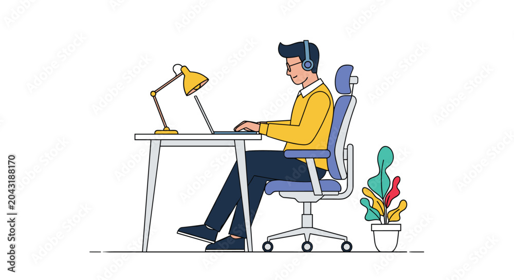 Fototapeta premium Focused man wearing headphones and glasses while working on a laptop at a white desk with a lamp and a green potted plant.