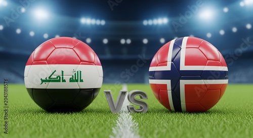 Iraq versus Norway soccer match concept with flags on footballs in stadium