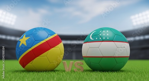 Democratic Republic of the Congo versus Azerbaijan soccer balls on a stadium field