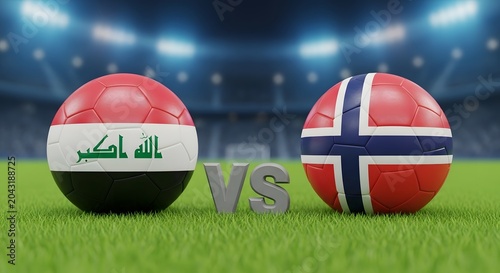 Iraq versus Norway soccer match illustration with flags on footballs in stadium