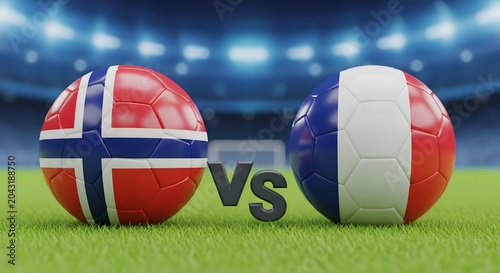 Norway versus France soccer balls on grass with stadium lights in background
