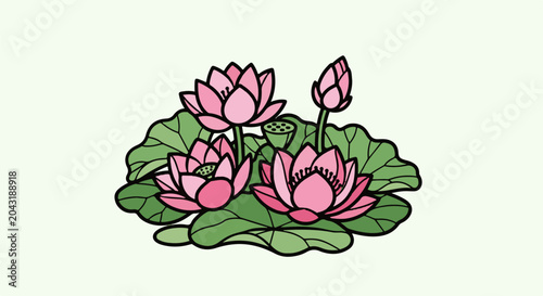 Cluster of pink lotus flowers and green leaves on a light background