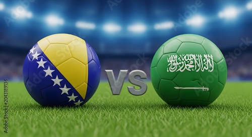 Bosnia and Herzegovina versus Saudi Arabia soccer match concept with footballs and flags
