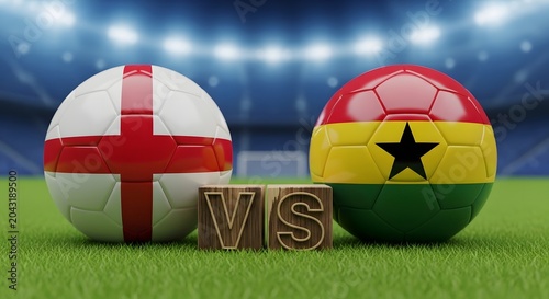 England versus Ghana soccer match concept with footballs and stadium background