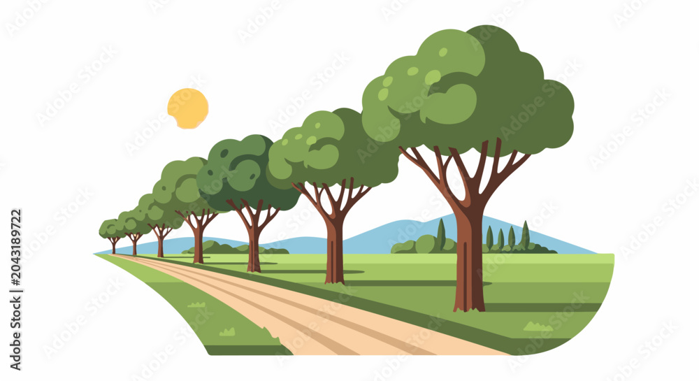 Obraz premium A sunny day with a path lined by trees leading to rolling hills