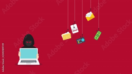 Hacker with laptop computer stealing confidential data, personal information and credit card detail. Hacking concept.	
