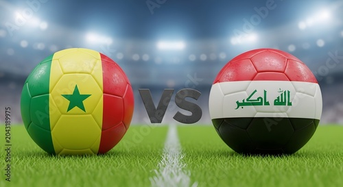 Senegal versus Iraq soccer balls on grass field with stadium lights