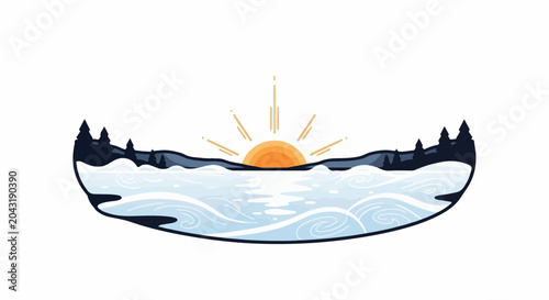Sunrise over serene icy water with silhouette trees and mountains