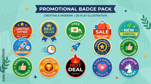 Fotografie Promotional Badge Pack: Sale, Offer, New Arrival, Delivery, Best Seller Icons
