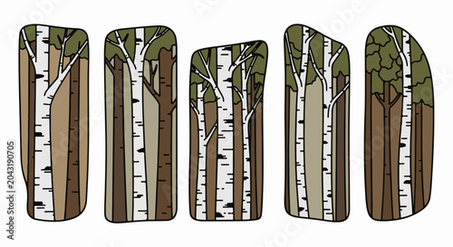 A row of five stylized trees, birch and pine, with textured bark