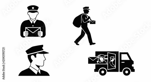 Collection of postal worker icons front view, walking, profile, and delivery van