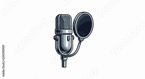 A vintage-style, silver microphone with a pop filter for recording