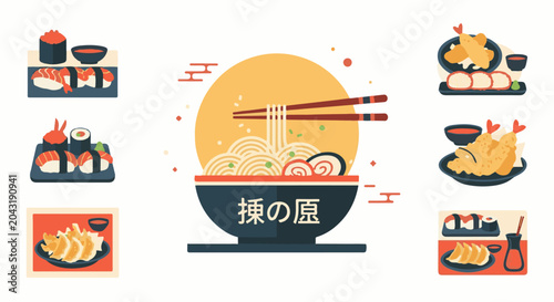 A vibrant collection of Japanese dishes including ramen, sushi, tempura, and gyoza
