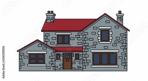 A two-story stone house with a red roof and multiple windows