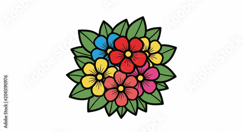 A vibrant bouquet of colorful flowers with green leaves