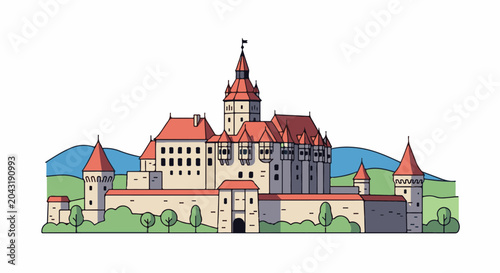 A stylized illustration of a large, ancient stone castle with red-tiled roofs