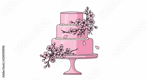 A three-tier pink cake with delicate cherry blossoms and scattered petals