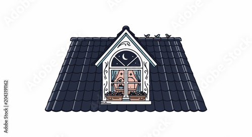 A dormer window on a dark tiled roof with small birds