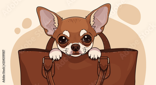 A cute chihuahua peeks over the edge of a brown handbag with big eyes