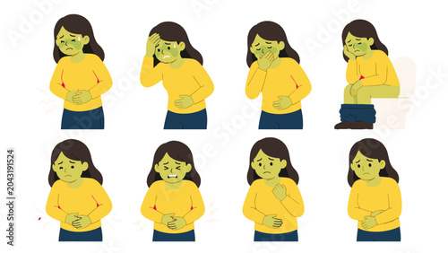 Foto Set of woman with stomach pain and digestive discomfort poses