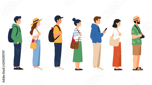 Tableau sur toile Side view lineup of casually dressed people in flat vector style