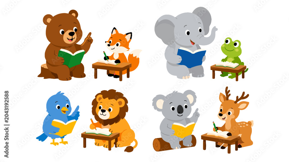 Fototapeta premium Cute cartoon forest animals reading books and writing