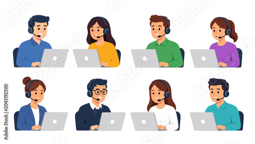 Bild auf Leinwand Set of customer service agents with headsets and laptops