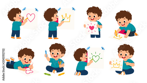 Valokuva Cute boy drawing heart and crown in colorful cartoon set
