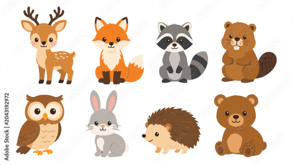 Obraz premium Cute woodland animal cartoon set with deer fox raccoon and bear