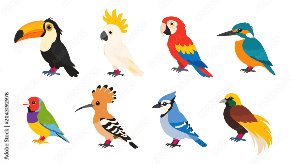 Obraz premium Set of colorful tropical and exotic birds in flat vector style