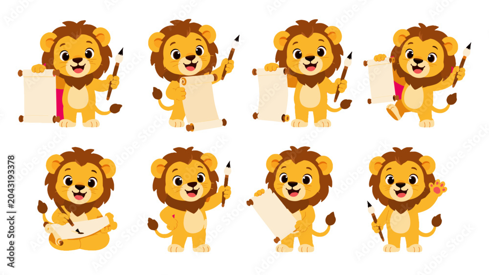 Fototapeta premium Cute cartoon lion characters holding scrolls and paintbrushes