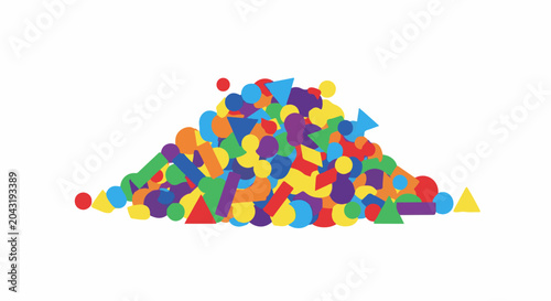 A colorful pile of geometric shapes, including circles, triangles, and rectangles