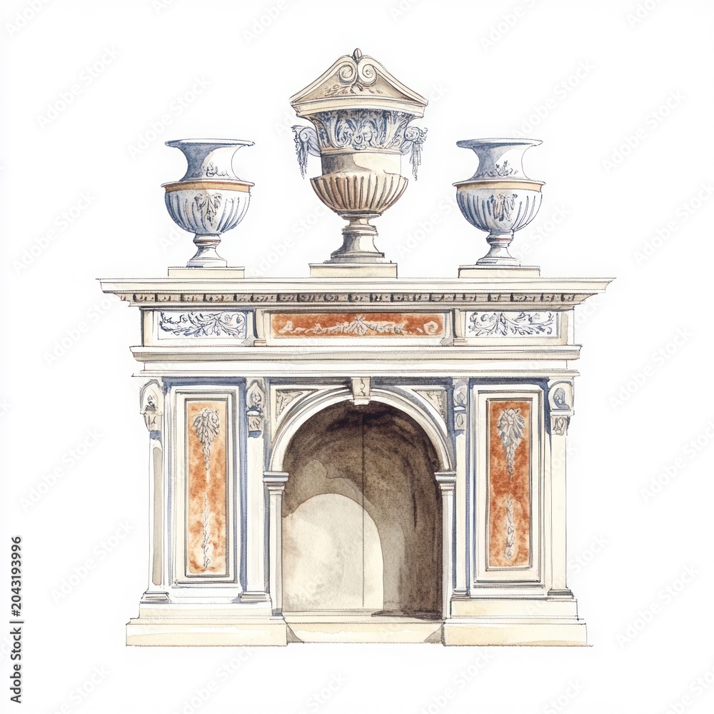 Obraz premium An ancient greek cabinet with vase art architecture fireplace.